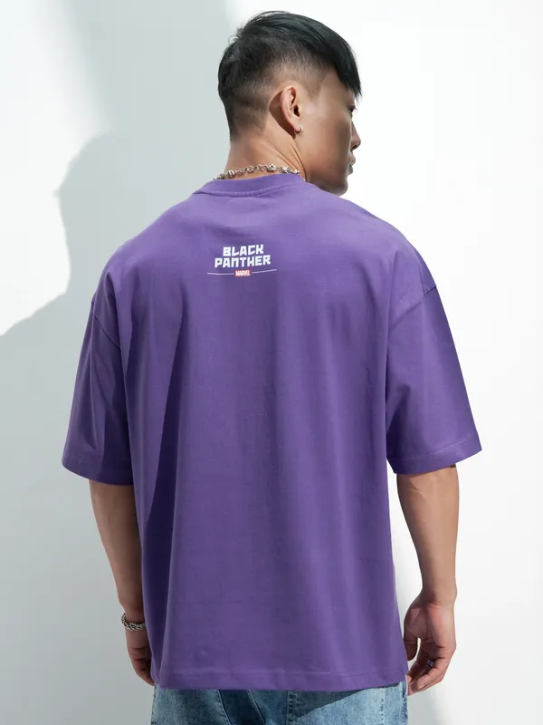 Marvel By Highlander Men Purple Black Panther Printed Round Neck Oversized Fit T-Shirt