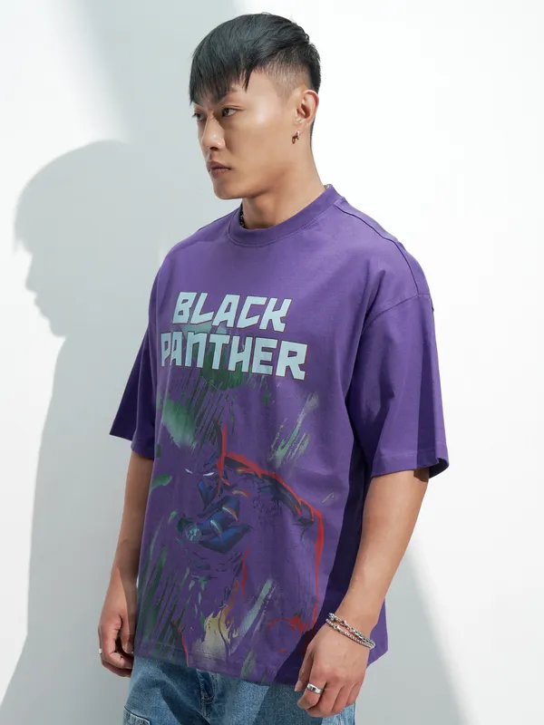 Marvel By Highlander Men Purple Black Panther Printed Round Neck Oversized Fit T-Shirt