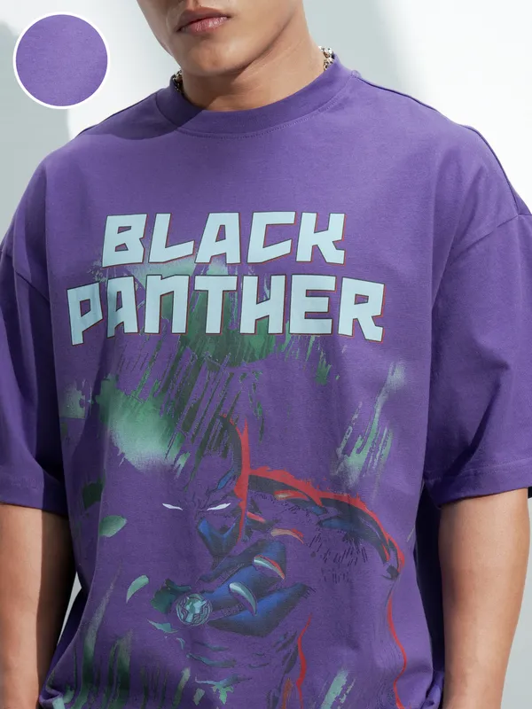 Marvel By Highlander Men Purple Black Panther Printed Round Neck Oversized Fit T-Shirt