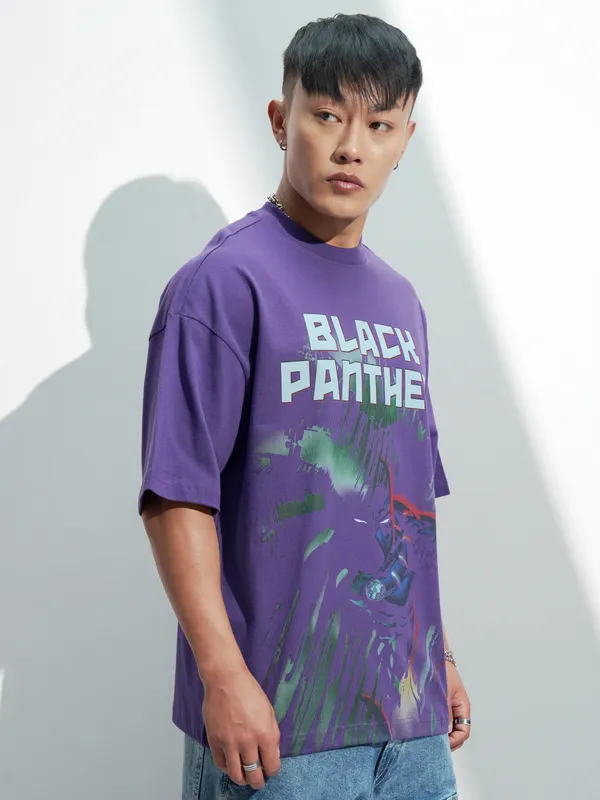 Marvel By Highlander Men Purple Black Panther Printed Round Neck Oversized Fit T-Shirt