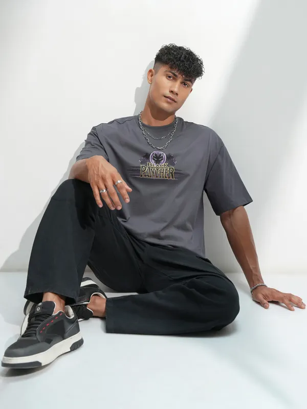 Marvel By Highlander Men Grey Black Panther Printed Round Neck Oversized Fit T-Shirt