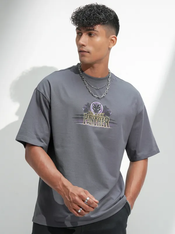 Marvel By Highlander Men Grey Black Panther Printed Round Neck Oversized Fit T-Shirt