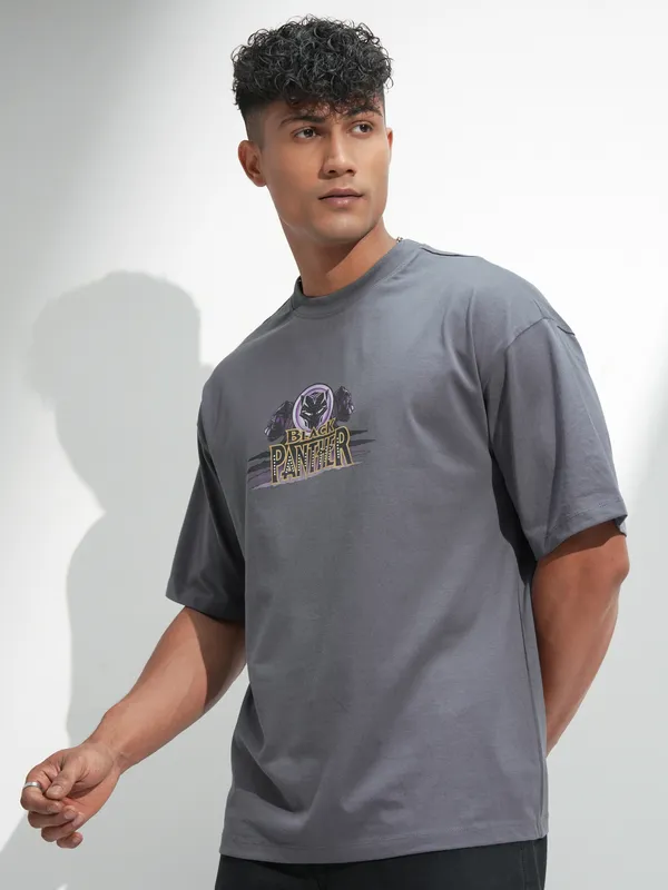 Marvel By Highlander Men Grey Black Panther Printed Round Neck Oversized Fit T-Shirt