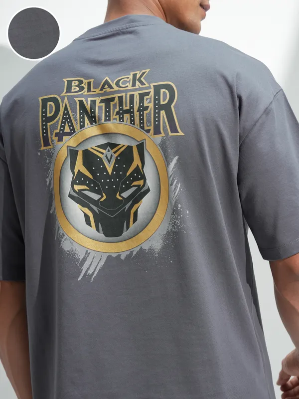 Marvel By Highlander Men Grey Black Panther Printed Round Neck Oversized Fit T-Shirt