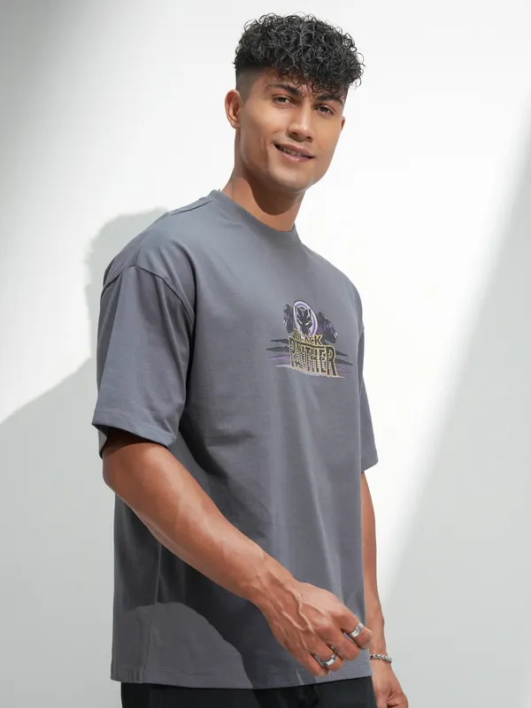 Marvel By Highlander Men Grey Black Panther Printed Round Neck Oversized Fit T-Shirt