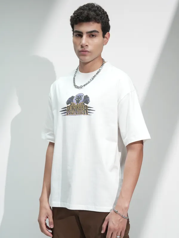 Marvel By Highlander Men White Black Panther Printed Round Neck Oversized Fit T-Shirt