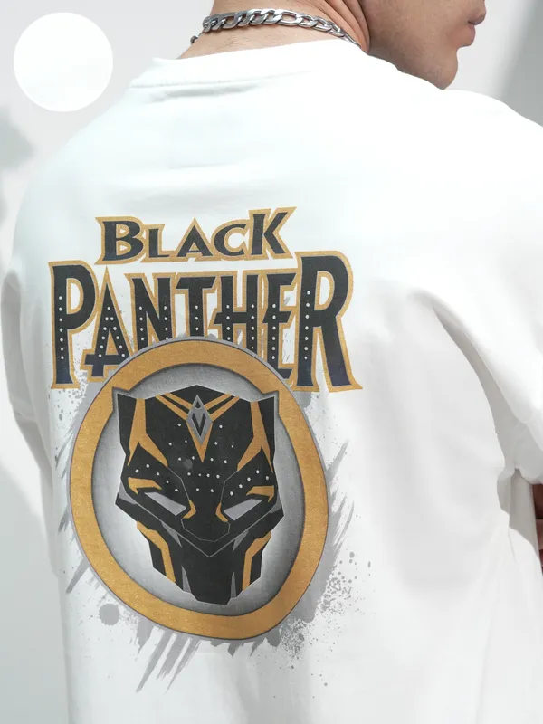 Marvel By Highlander Men White Black Panther Printed Round Neck Oversized Fit T-Shirt