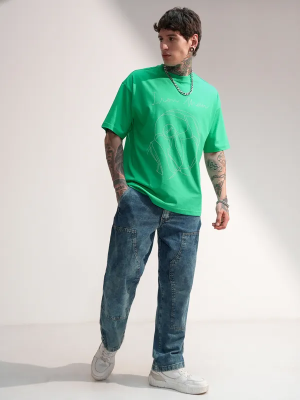 Marvel By Highlander Men Green Iron Man Embroidered Round Neck Oversized Fit T-Shirt