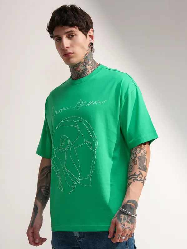 Marvel By Highlander Men Green Iron Man Embroidered Round Neck Oversized Fit T-Shirt