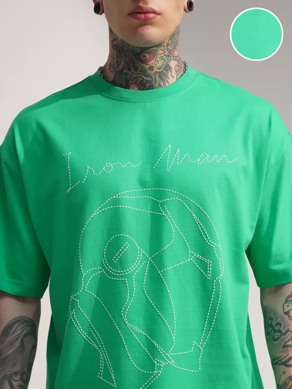 Marvel By Highlander Men Green Iron Man Embroidered Round Neck Oversized Fit T-Shirt