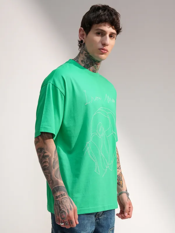 Marvel By Highlander Men Green Iron Man Embroidered Round Neck Oversized Fit T-Shirt