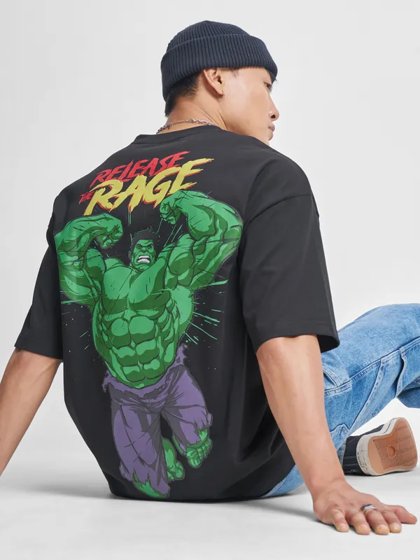 Marvel By Highlander Men Black Hulk Printed Round Neck Oversized Fit T-Shirt