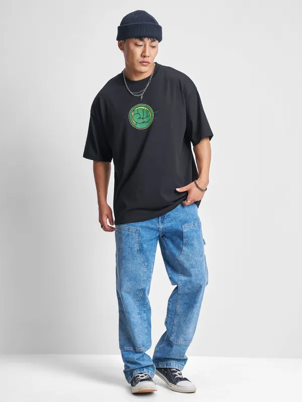 Marvel By Highlander Men Black Hulk Printed Round Neck Oversized Fit T-Shirt