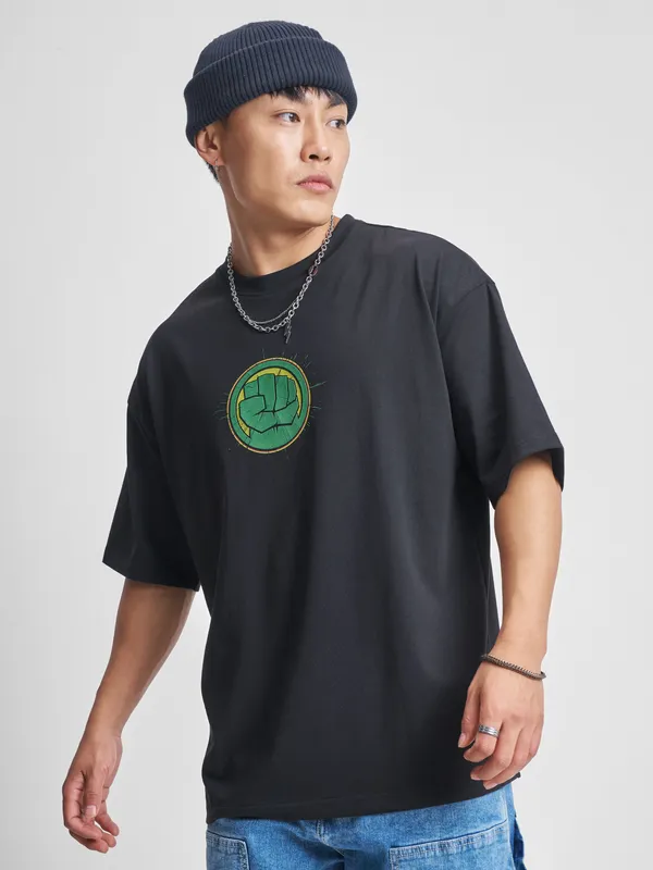 Marvel By Highlander Men Black Hulk Printed Round Neck Oversized Fit T-Shirt