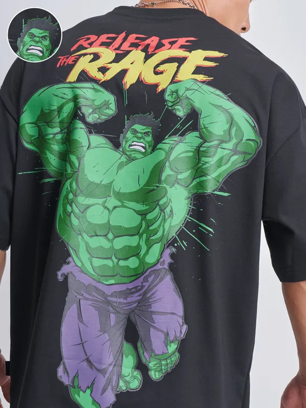 Marvel By Highlander Men Black Hulk Printed Round Neck Oversized Fit T-Shirt