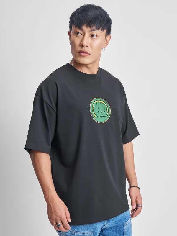Marvel By Highlander Men Black Hulk Printed Round Neck Oversized Fit T-Shirt