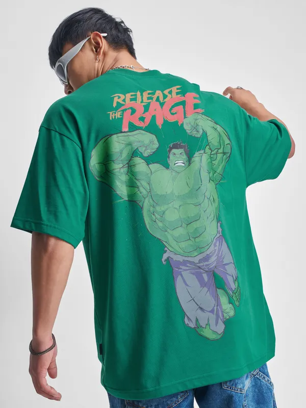 Marvel By Highlander Men Green Hulk Printed Round Neck Oversized Fit T-Shirt