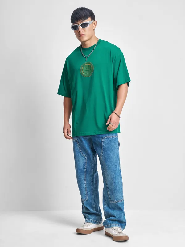 Marvel By Highlander Men Green Hulk Printed Round Neck Oversized Fit T-Shirt