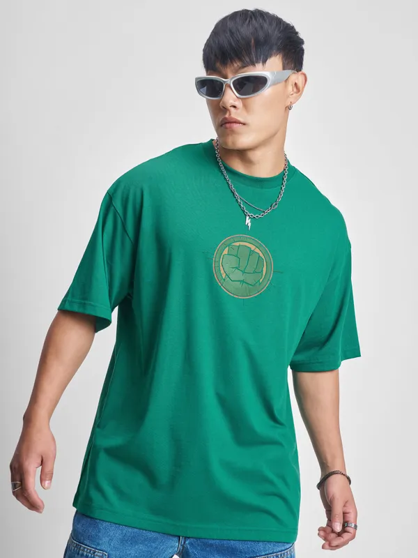 Marvel By Highlander Men Green Hulk Printed Round Neck Oversized Fit T-Shirt