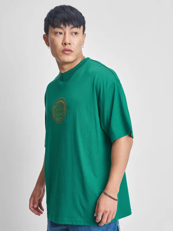 Marvel By Highlander Men Green Hulk Printed Round Neck Oversized Fit T-Shirt