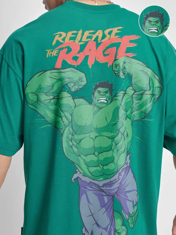 Marvel By Highlander Men Green Hulk Printed Round Neck Oversized Fit T-Shirt