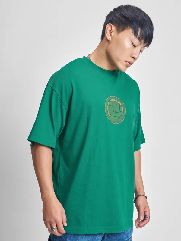 Marvel By Highlander Men Green Hulk Printed Round Neck Oversized Fit T-Shirt