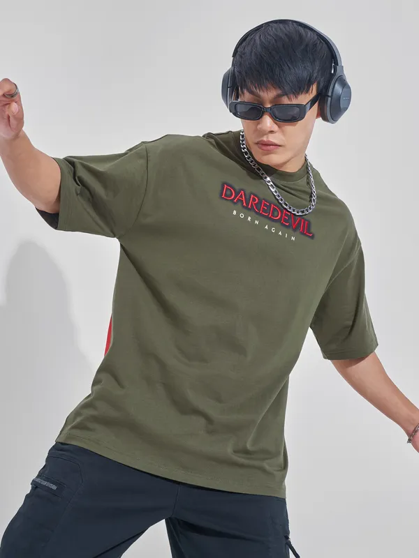 Marvel By Highlander Men Olive Dare Devil Printed Round Neck Oversized Fit T-Shirt