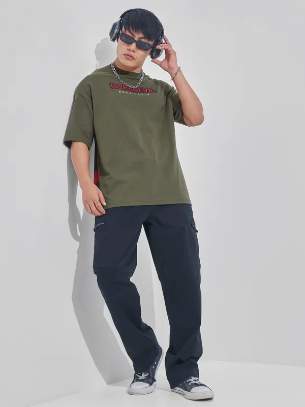 Marvel By Highlander Men Olive Dare Devil Printed Round Neck Oversized Fit T-Shirt