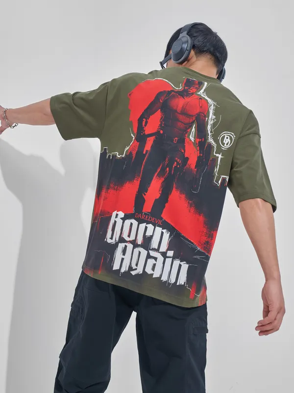 Marvel By Highlander Men Olive Dare Devil Printed Round Neck Oversized Fit T-Shirt