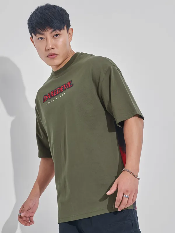 Marvel By Highlander Men Olive Dare Devil Printed Round Neck Oversized Fit T-Shirt