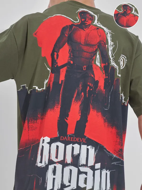 Marvel By Highlander Men Olive Dare Devil Printed Round Neck Oversized Fit T-Shirt