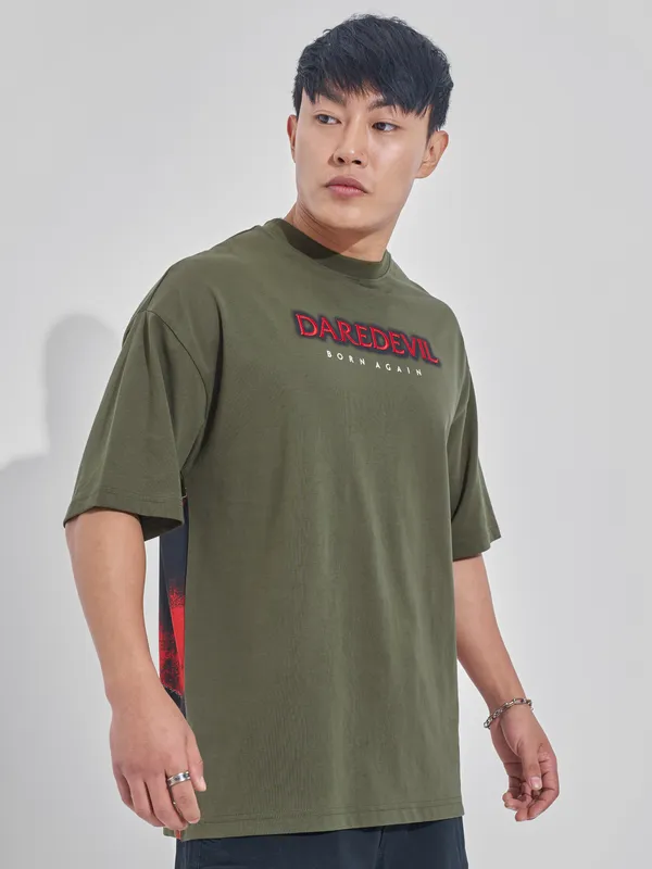 Marvel By Highlander Men Olive Dare Devil Printed Round Neck Oversized Fit T-Shirt