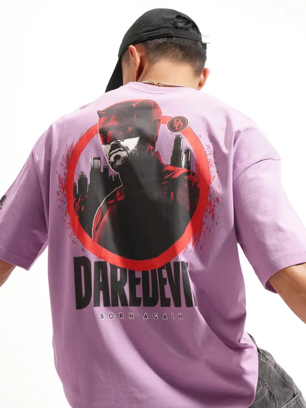 Marvel By Highlander Men Lavender Dare Devil Printed Round Neck Oversized Fit T-Shirt