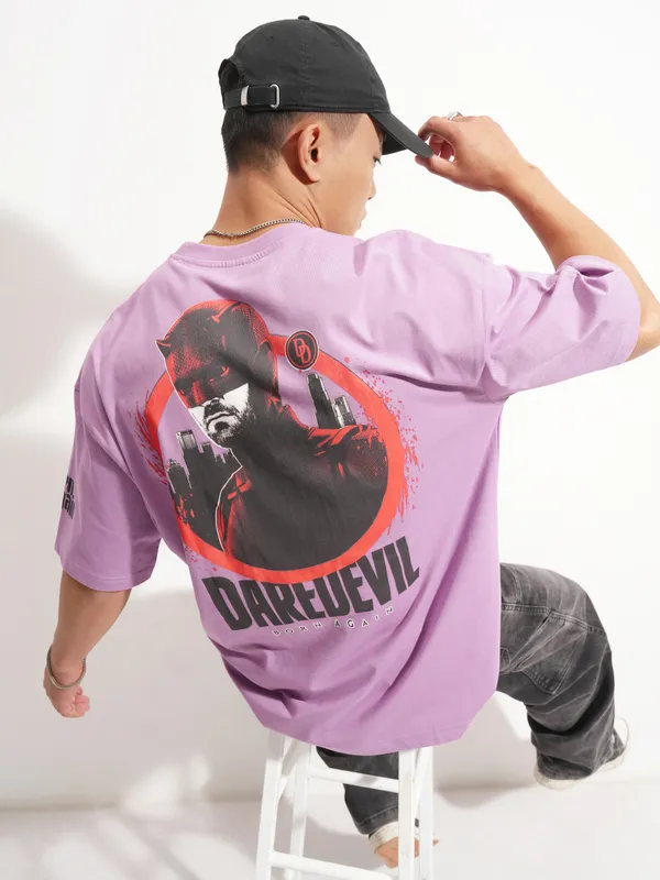 Marvel By Highlander Men Lavender Dare Devil Printed Round Neck Oversized Fit T-Shirt