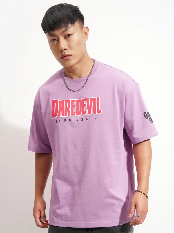 Marvel By Highlander Men Lavender Dare Devil Printed Round Neck Oversized Fit T-Shirt