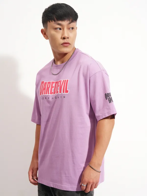 Marvel By Highlander Men Lavender Dare Devil Printed Round Neck Oversized Fit T-Shirt
