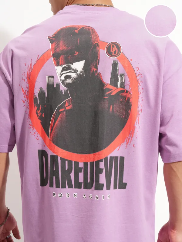 Marvel By Highlander Men Lavender Dare Devil Printed Round Neck Oversized Fit T-Shirt