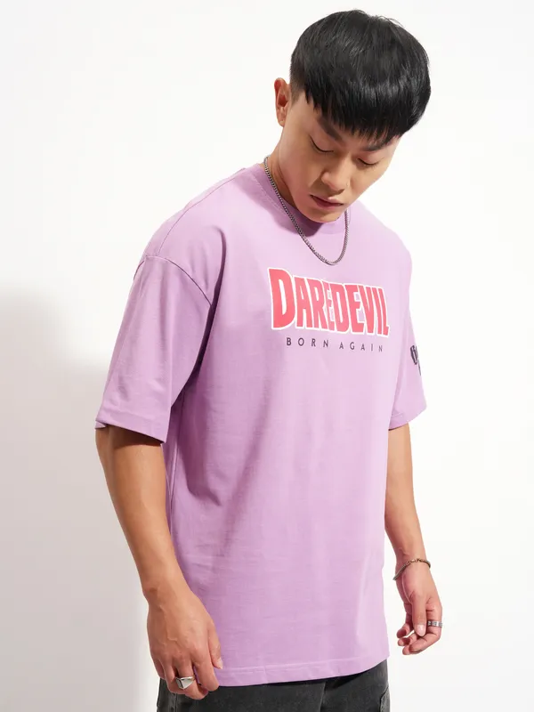 Marvel By Highlander Men Lavender Dare Devil Printed Round Neck Oversized Fit T-Shirt