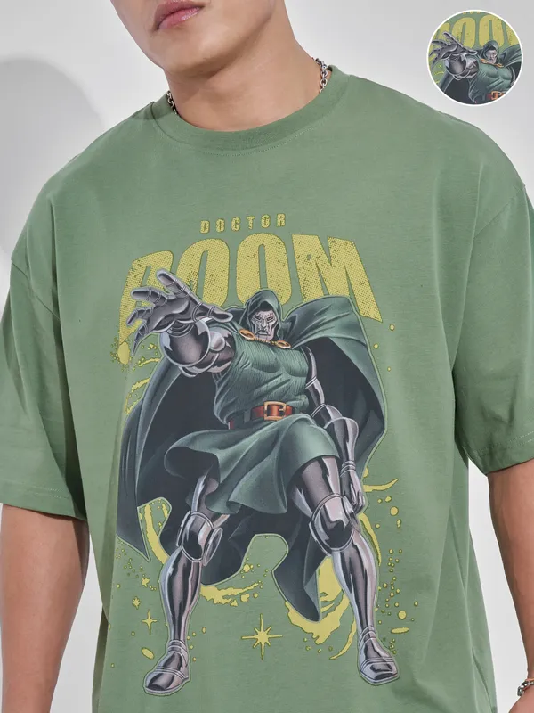 Marvel By Highlander Men Green Doctor Doom Printed Round Neck Oversized Fit T-Shirt