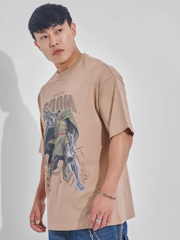 Marvel By Highlander Men Brown Doctor Doom Printed Round Neck Oversized Fit T-Shirt