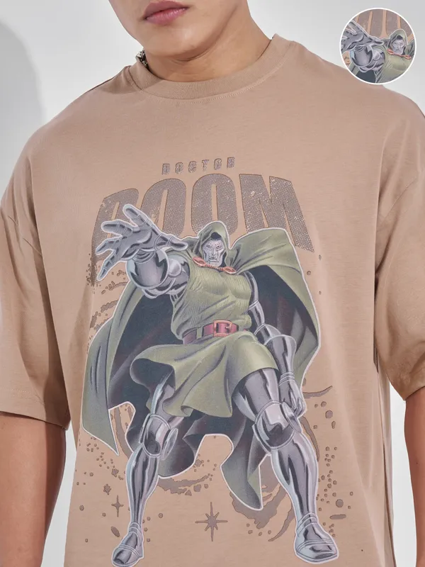 Marvel By Highlander Men Brown Doctor Doom Printed Round Neck Oversized Fit T-Shirt