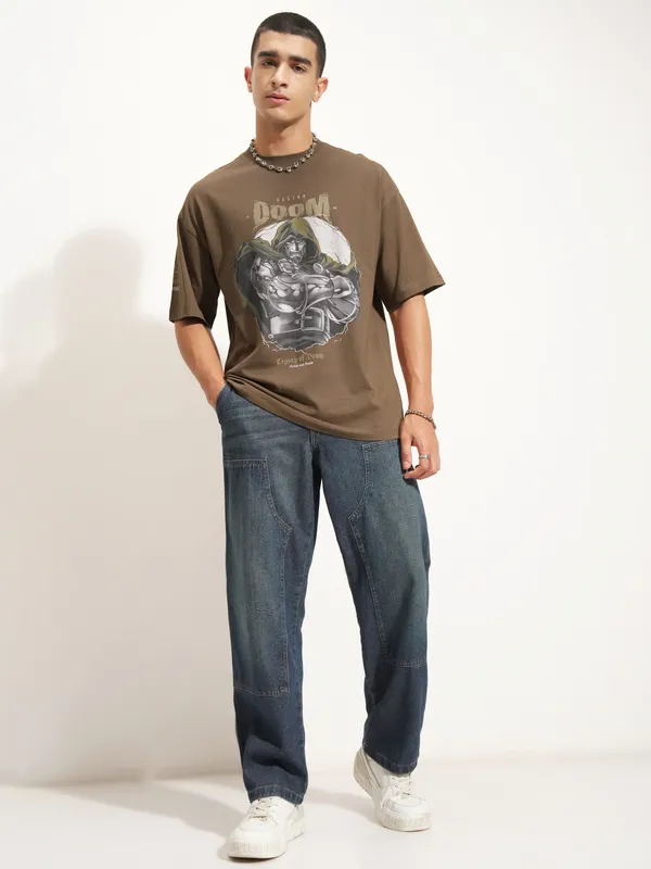 Marvel By Highlander Men Khaki Doctor Doom Printed Round Neck Oversized Fit T-Shirt