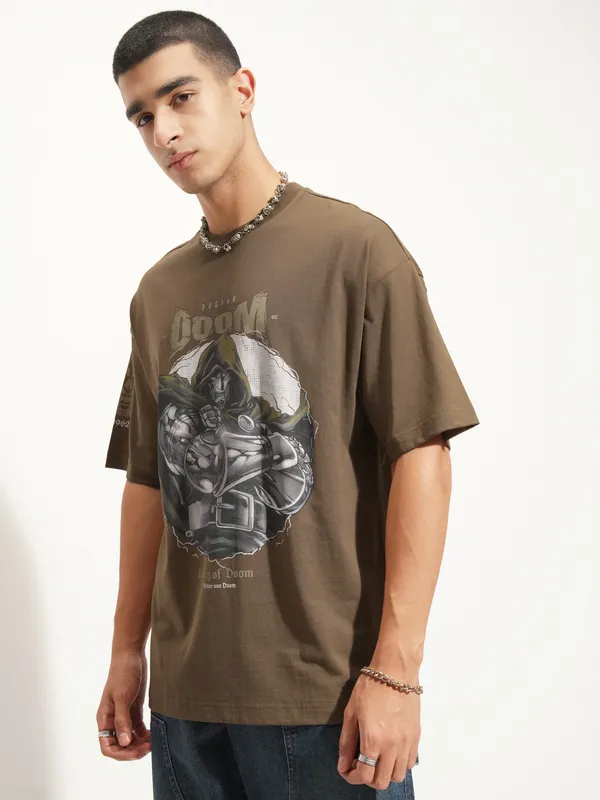 Marvel By Highlander Men Khaki Doctor Doom Printed Round Neck Oversized Fit T-Shirt