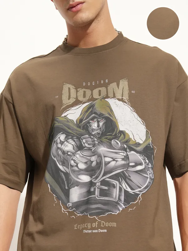 Marvel By Highlander Men Khaki Doctor Doom Printed Round Neck Oversized Fit T-Shirt