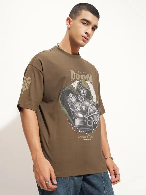 Marvel By Highlander Men Khaki Doctor Doom Printed Round Neck Oversized Fit T-Shirt