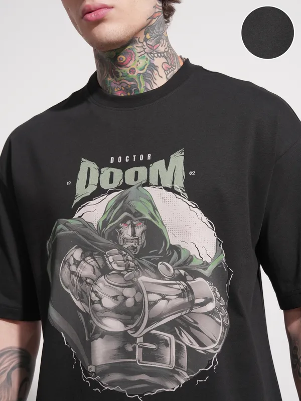 Marvel by Highlander Men Black Printed Doctor Doom Round Neck Oversized Fit T-Shirt