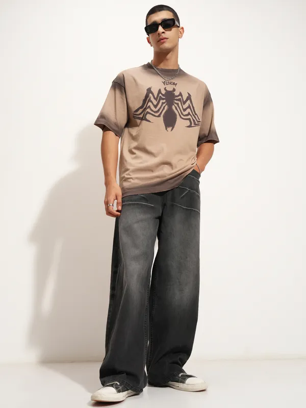 Marvel By Highlander Men Beige Venom Printed Round Neck Oversized Fit T-Shirt