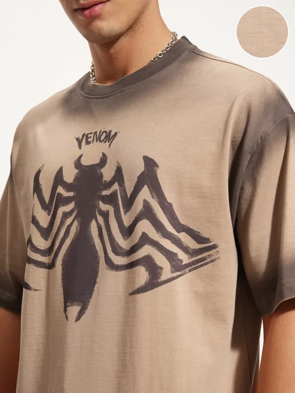 Marvel By Highlander Men Beige Venom Printed Round Neck Oversized Fit T-Shirt