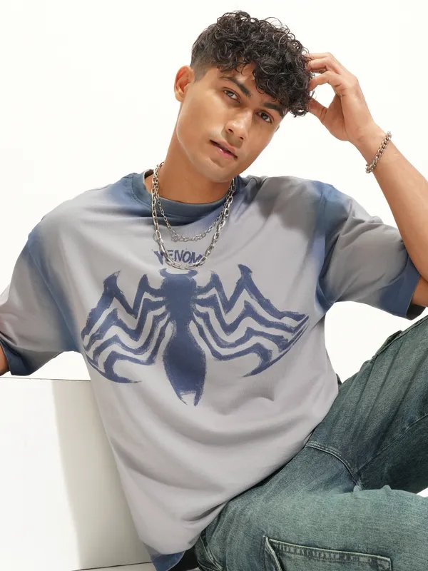 Marvel By Highlander Men Grey Venom Printed Round Neck Oversized Fit T-Shirt