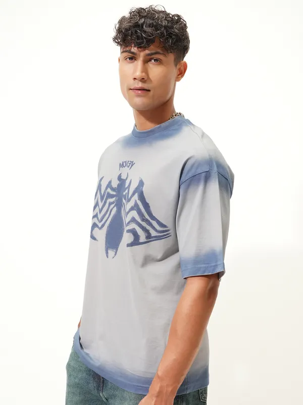 Marvel By Highlander Men Grey Venom Printed Round Neck Oversized Fit T-Shirt